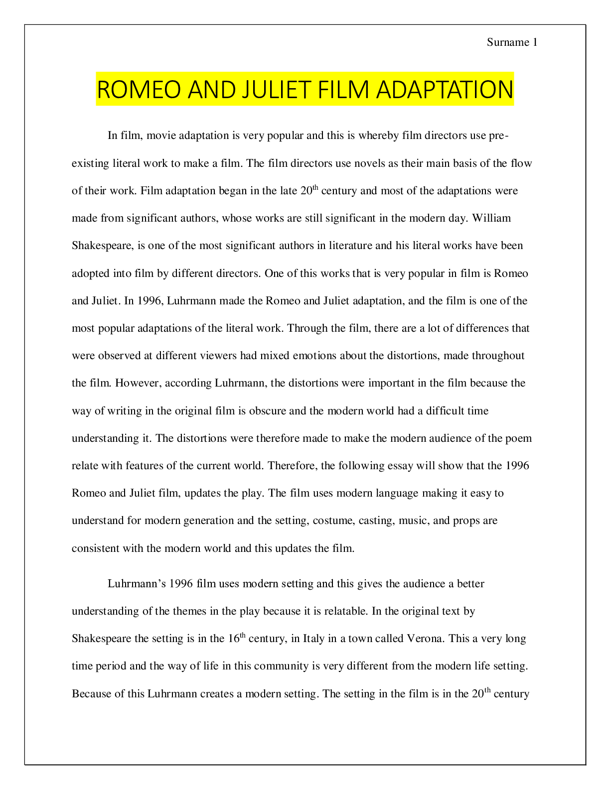 Preview image for LINGUISTICS: ROMEO AND JULIET FILM ADAPTATION